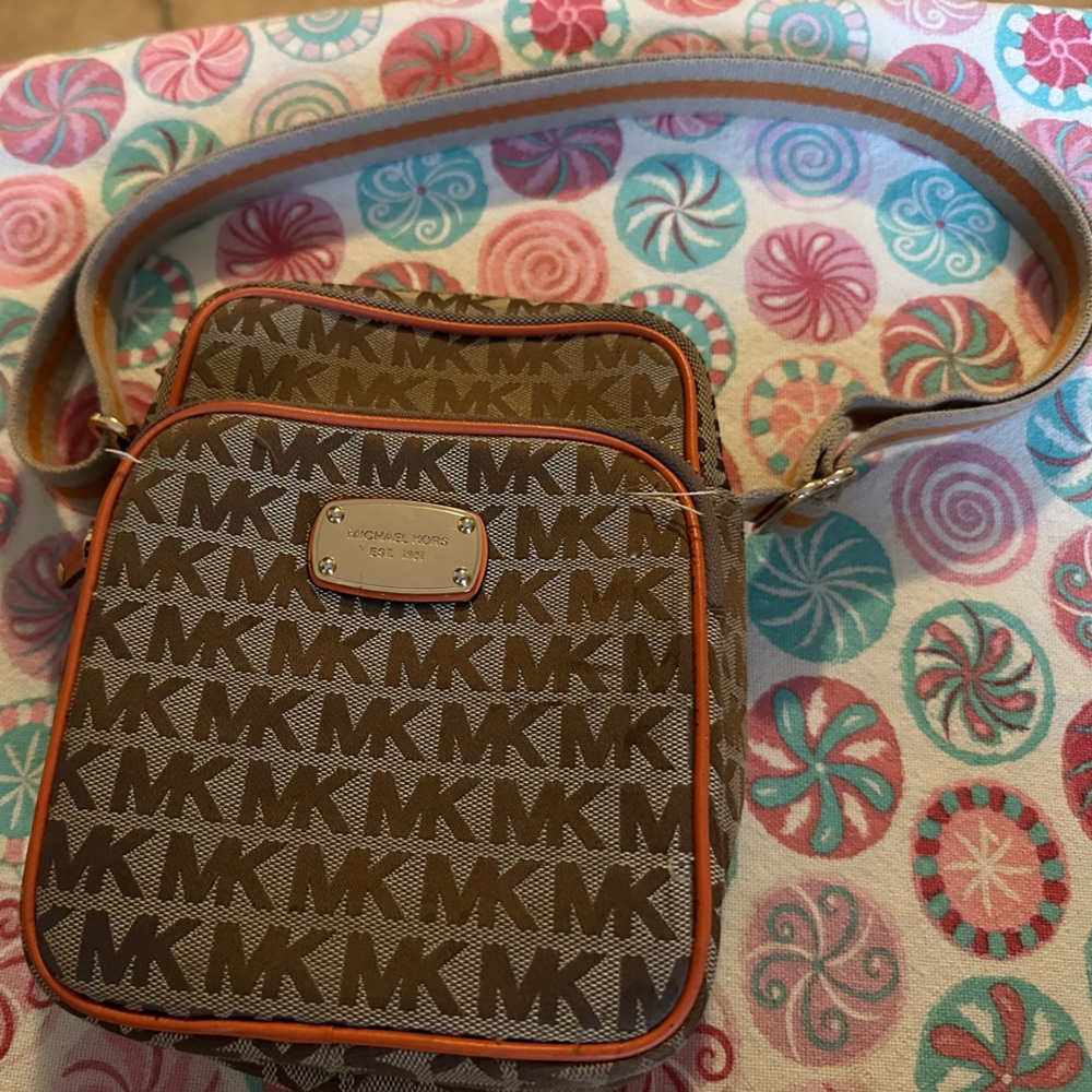 Michael Kors Tan and Brown Logo Crossbody Bag